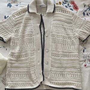 Zara Cream Knit Cardigan with Navy Trim